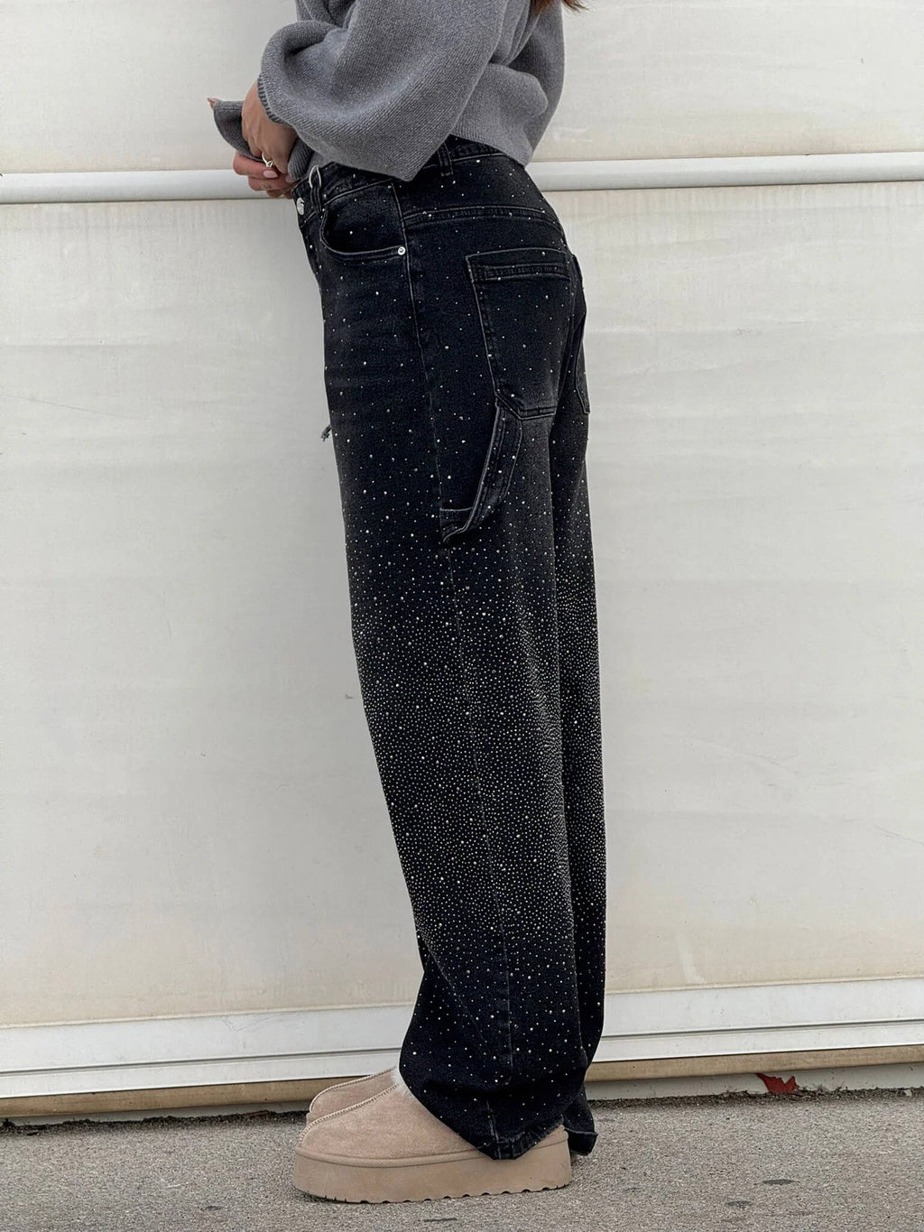 Damen-Jeans mit hohem Bund, geradem Bein und funkelnden Strasssteinen, komplett verziert