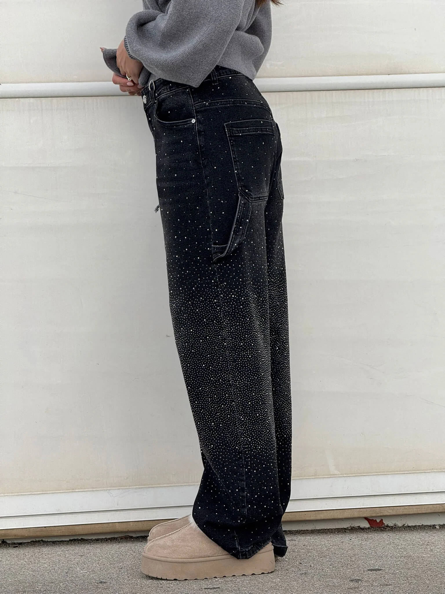 Damen-Jeans mit hohem Bund, geradem Bein und funkelnden Strasssteinen, komplett verziert