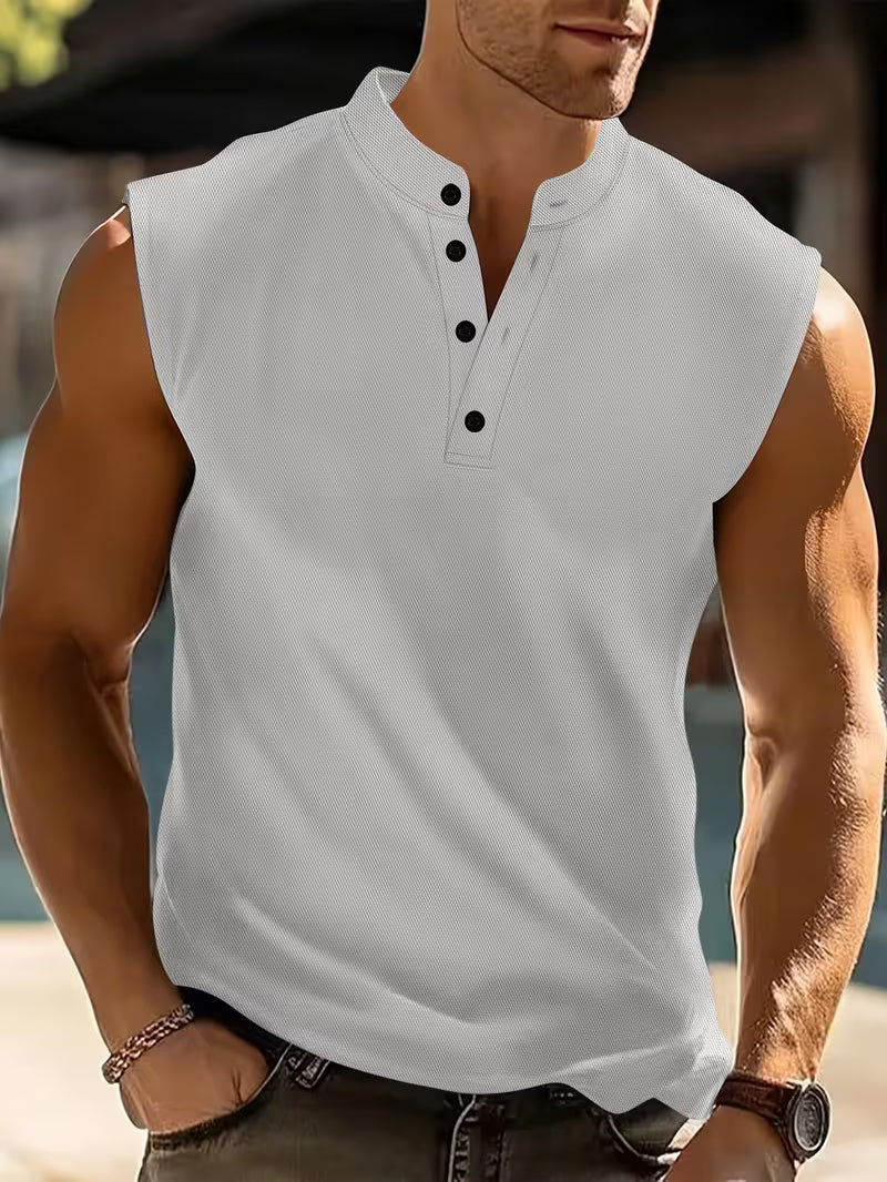 Men's Sleeveless Henley Tank Top with Stand Collar