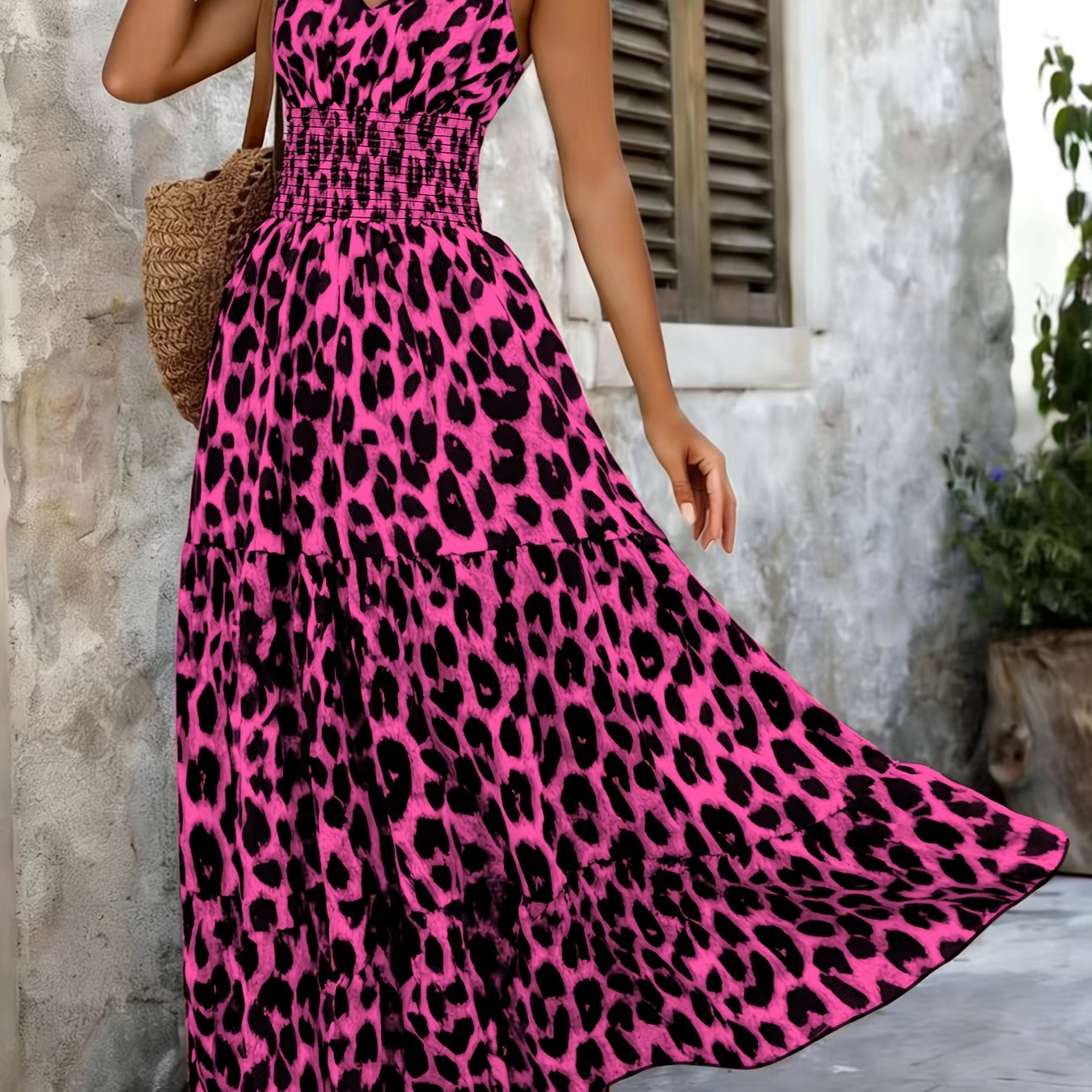 Women's Leopard Print Smocked Waist Maxi Dress