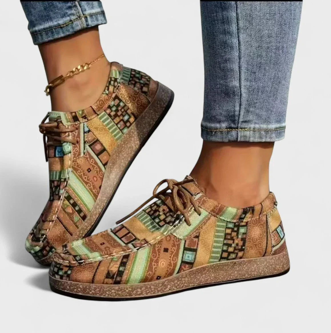 Zapatos casuales cómodos para mujer con patrón de patchwork y cordones de encaje