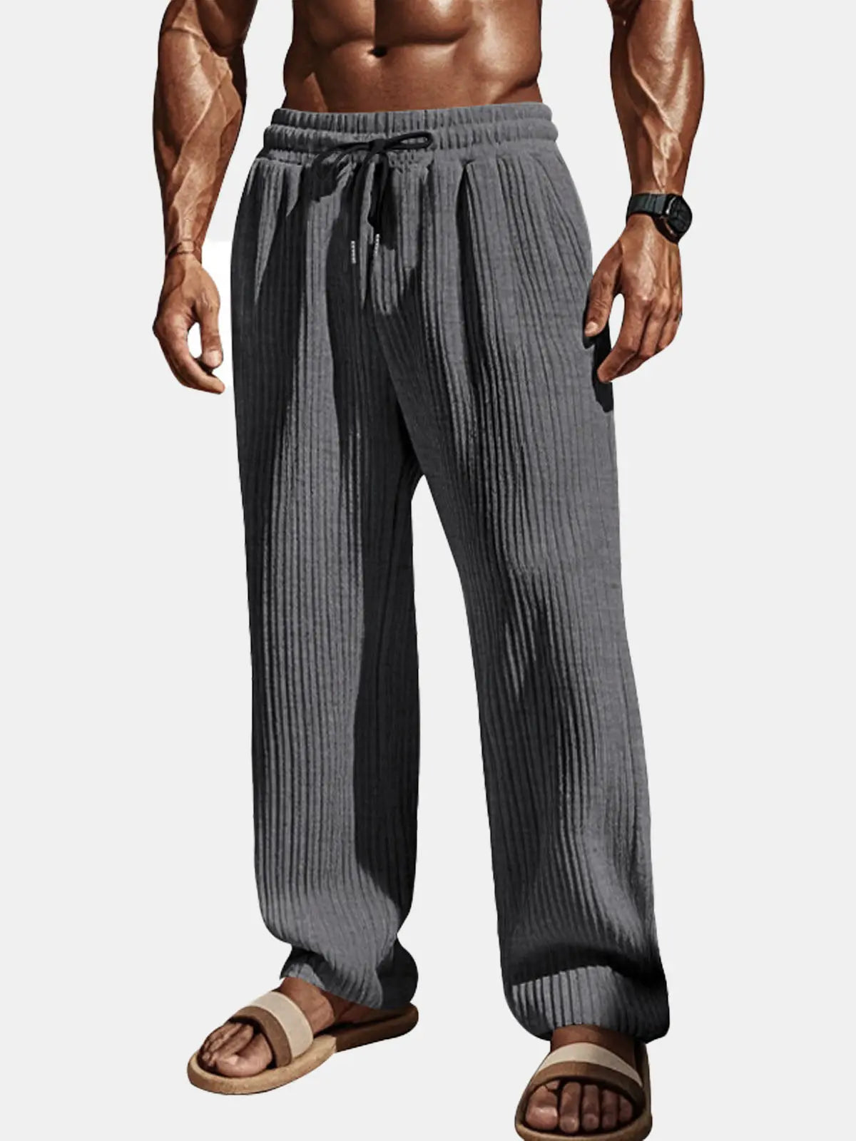 Men's Ribbed Texture Lounge Trousers with Elastic Waist and Relaxed Fit