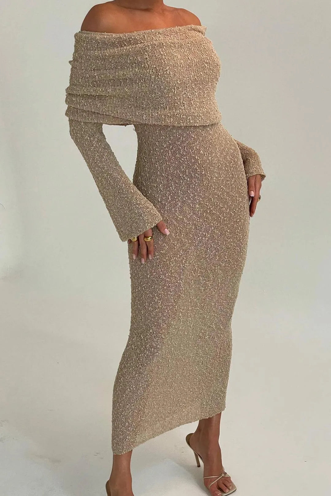 Elegant Off Shoulder Knit Maxi Dress for Women Soft Fitted Evening Style