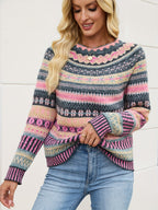 Strikket sweater med Fair Isle-mønster og rund hals til kvinder