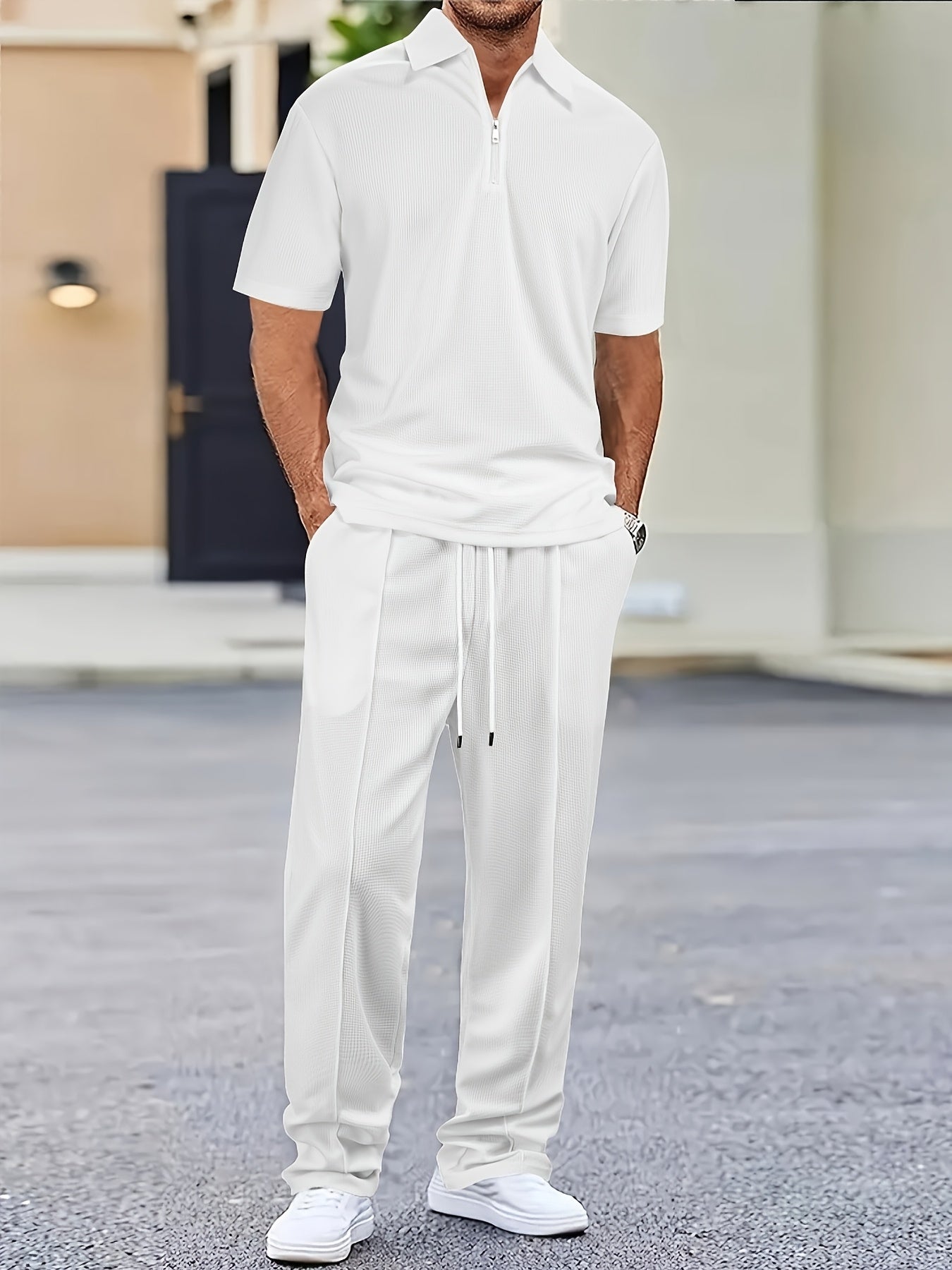 Men's Textured Half-Zip Polo & Trousers Set