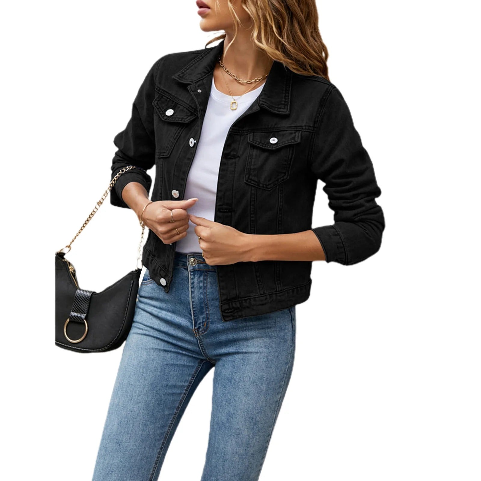 Veste en jean classique pour femme avec poches à rabat et fermeture boutonnée