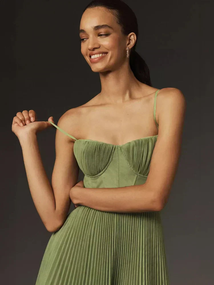 Women's Pleated Midi Dress with Bustier Bodice and Thin Straps for Elegant Occasions