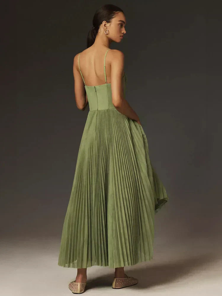 Women's Pleated Midi Dress with Bustier Bodice and Thin Straps for Elegant Occasions