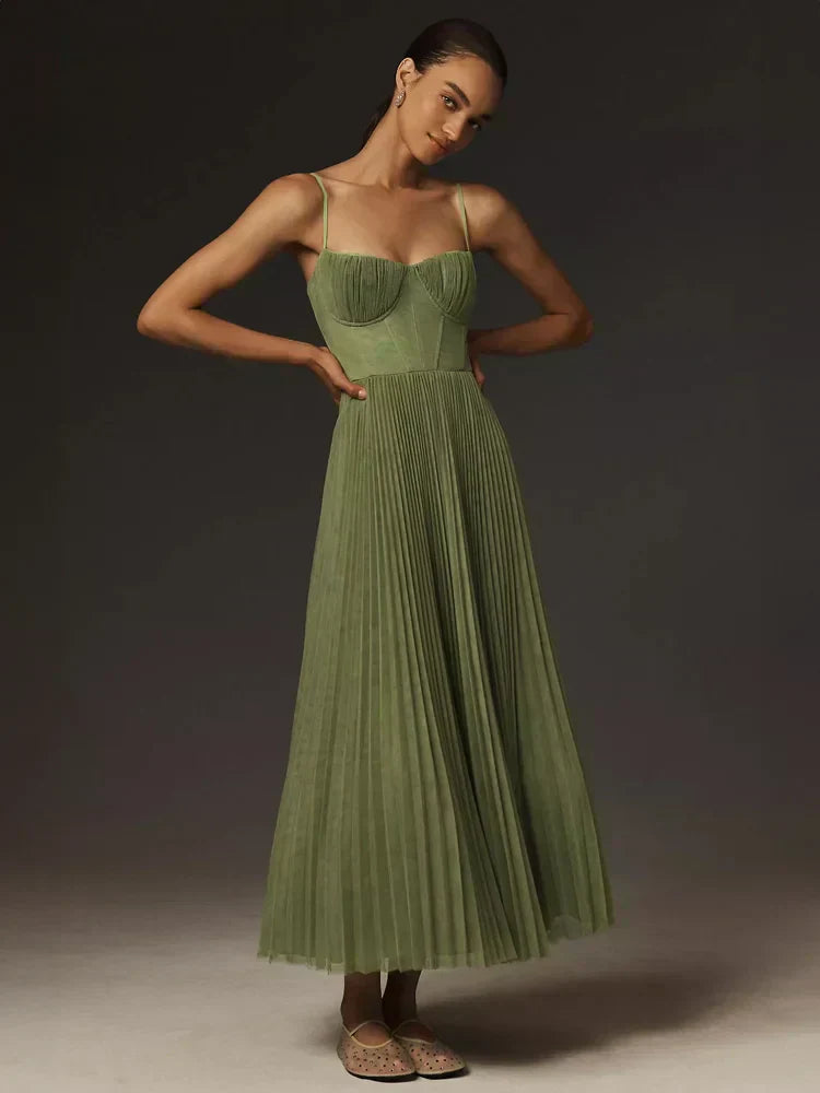 Women's Pleated Midi Dress with Bustier Bodice and Thin Straps for Elegant Occasions