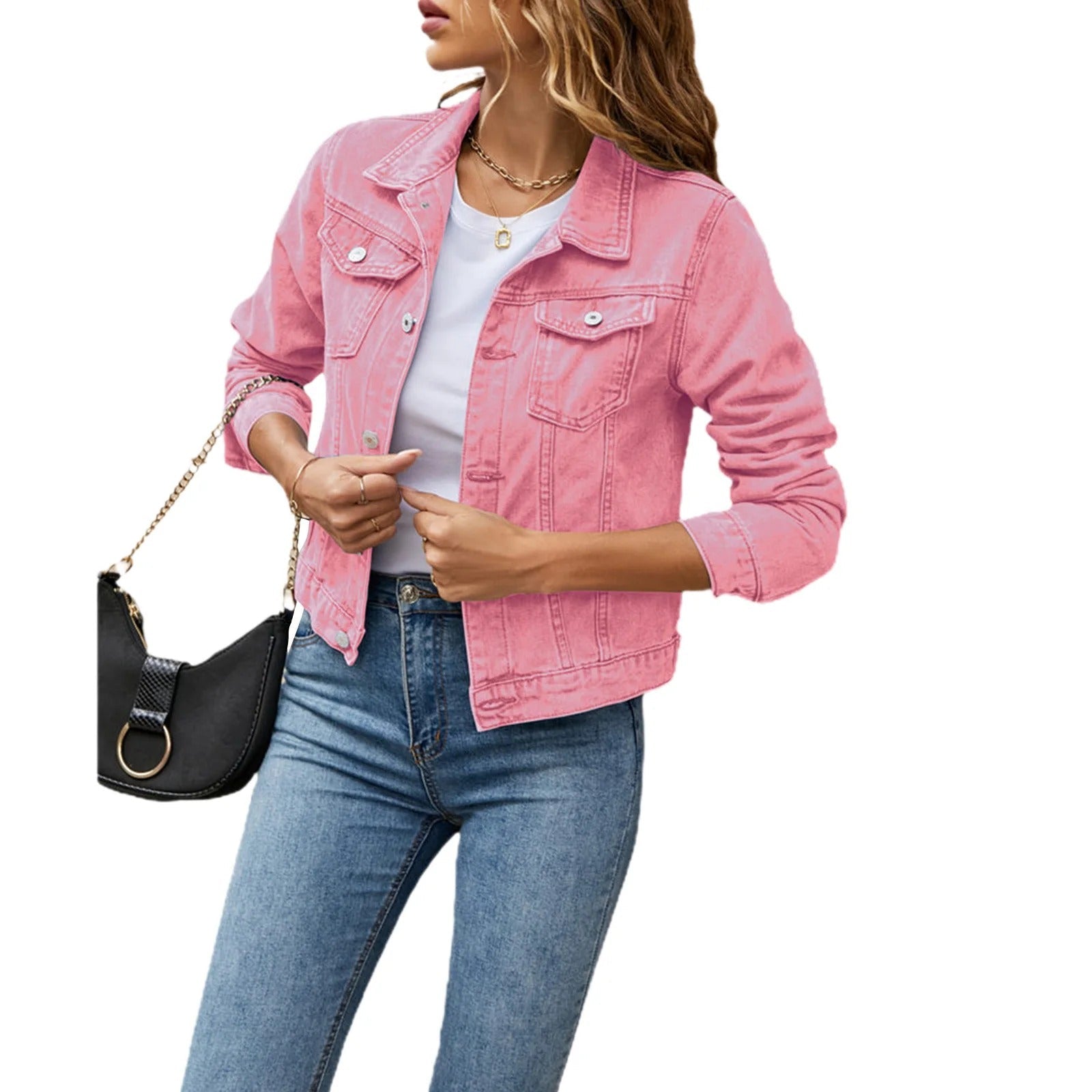 Veste en jean classique pour femme avec poches à rabat et fermeture boutonnée