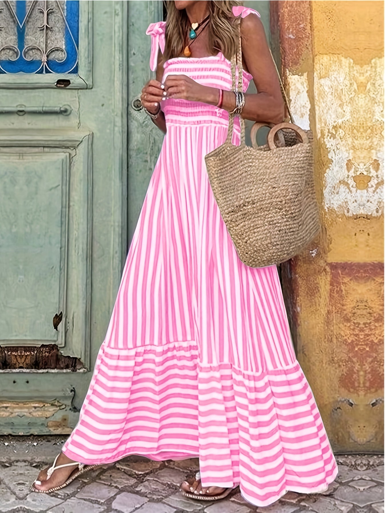 Women's Striped Smocked Tie-Shoulder Maxi Dress
