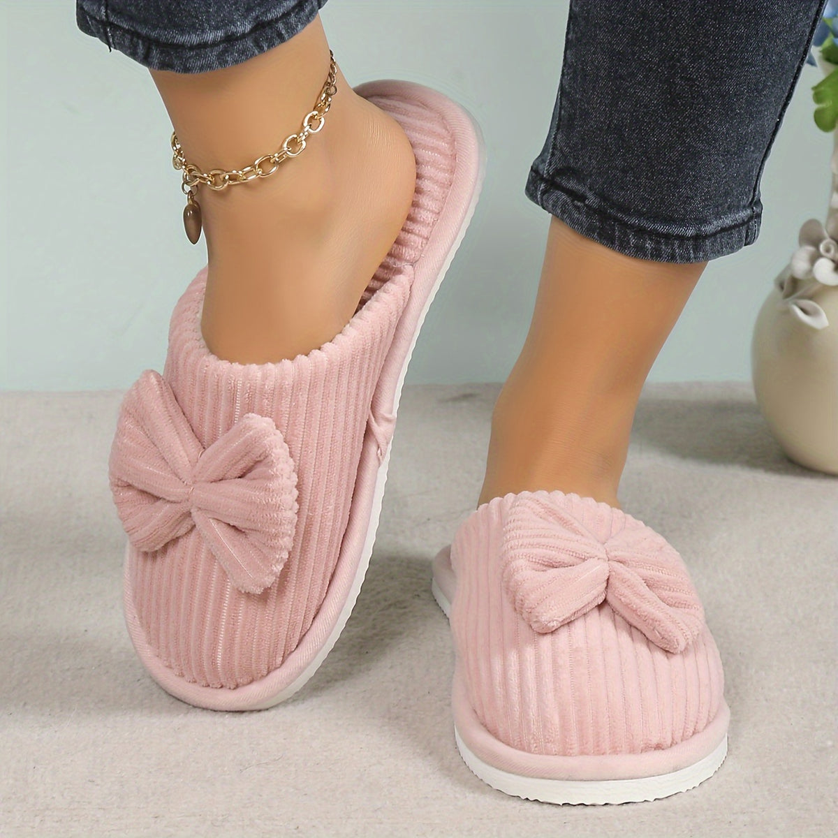 Women’s Bow Detail Ribbed House Slippers