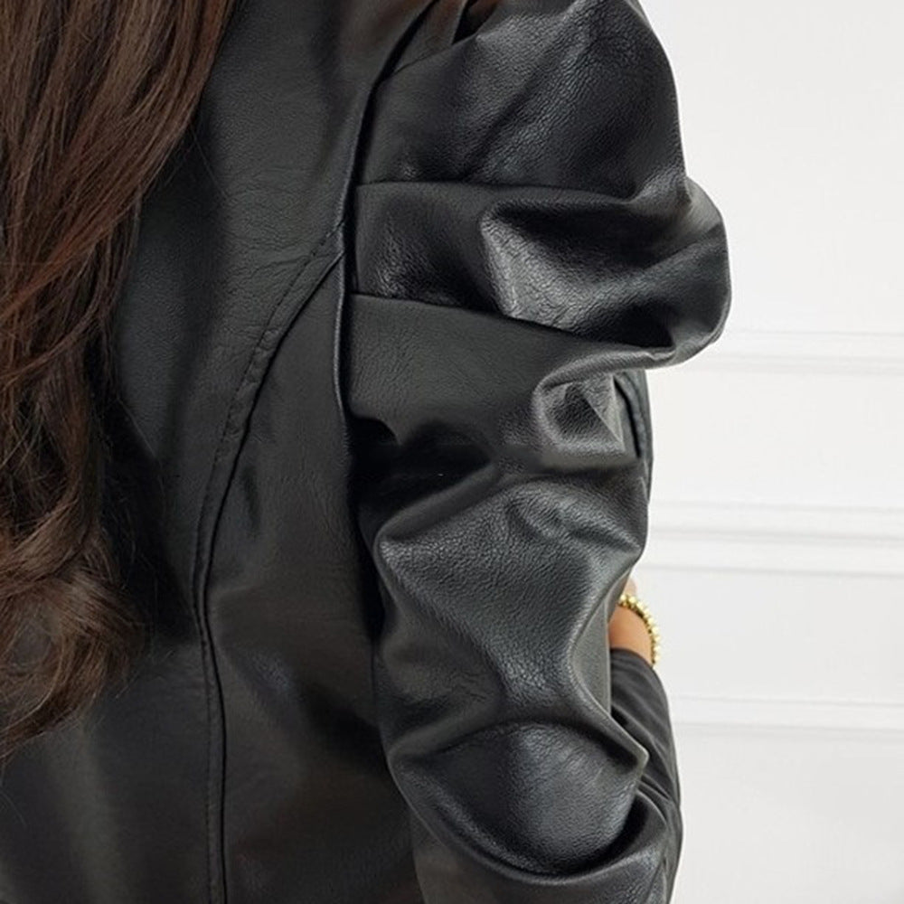 Women's Vegan Leather Jacket with Pleated Sleeves and Structured Fit for Stylish Wear