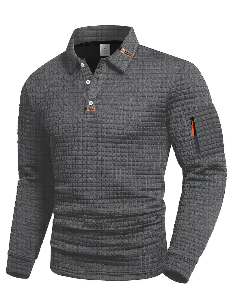 Polo à manches longues texturé pour homme avec fermeture à boutons quart de zip