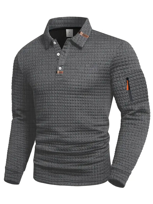 Polo à manches longues texturé pour homme avec fermeture à boutons quart de zip
