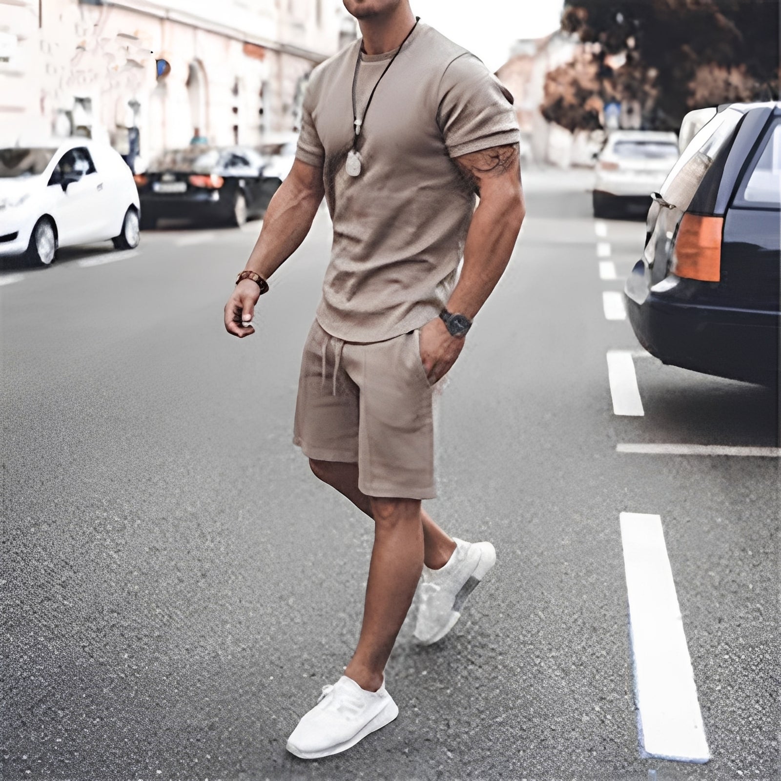 Men's Casual Short Sleeve T Shirt and Drawstring Shorts Two Piece Set
