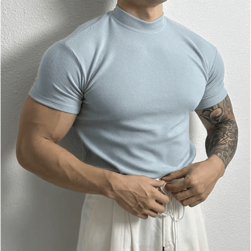 Herren Slim Fit T-Shirt mit gerippter Struktur Atmungsaktiv Stretch Aktiver Stil