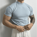 Herren Slim Fit T-Shirt mit gerippter Struktur Atmungsaktiv Stretch Aktiver Stil