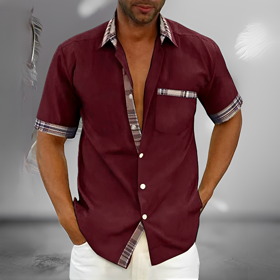 Chemise boutonnée manches courtes pour homme avec bordure contrastée et poche poitrine