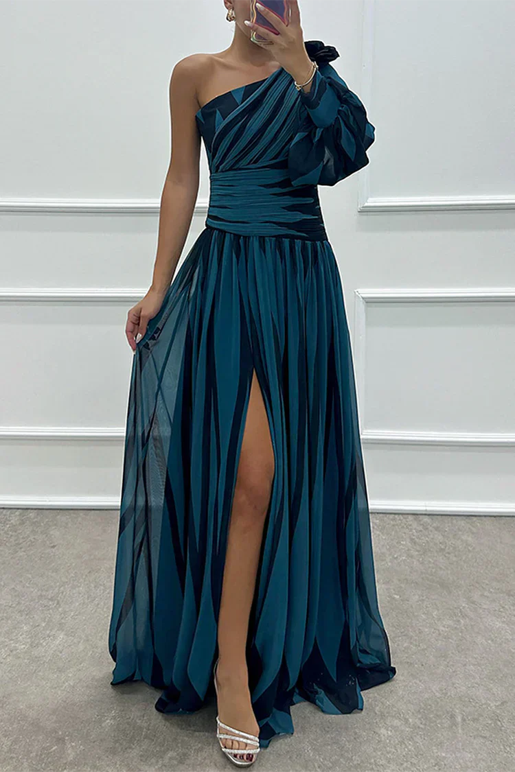 Women's One-Shoulder Striped Evening Gown with Dramatic Puff Sleeve