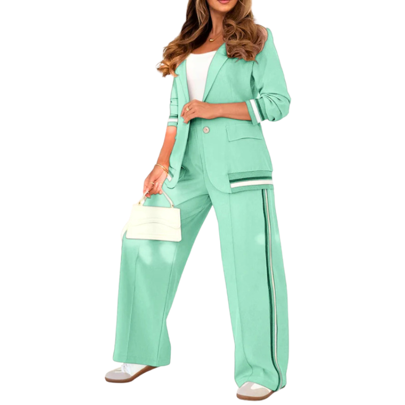 Women’s Striped Trim Blazer and Wide Leg Pants Set