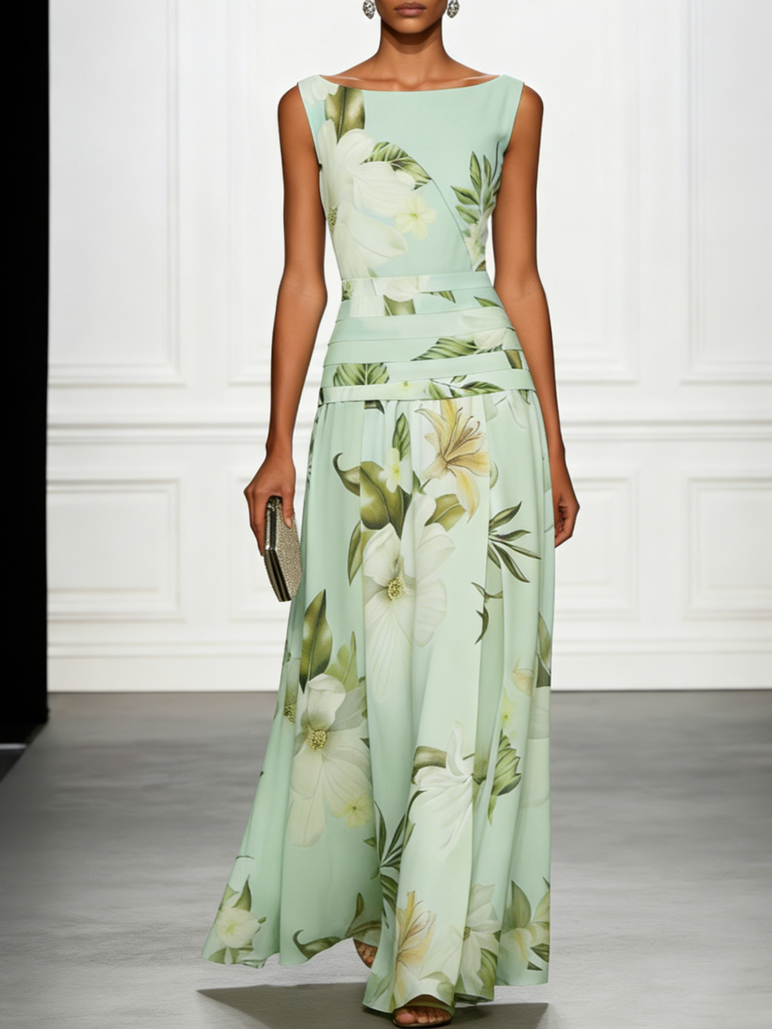 Maxikleid für Damen mit Blumenmuster, ärmellos, Bootsausschnitt und plissiertem Taillenbereich