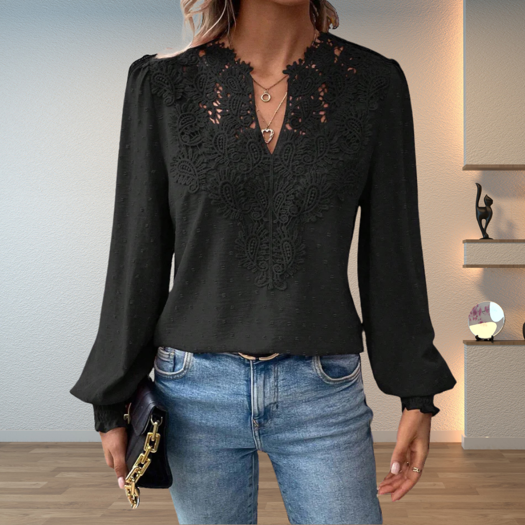 Blouse décontractée à manches longues en dentelle florale et col en V pour femme
