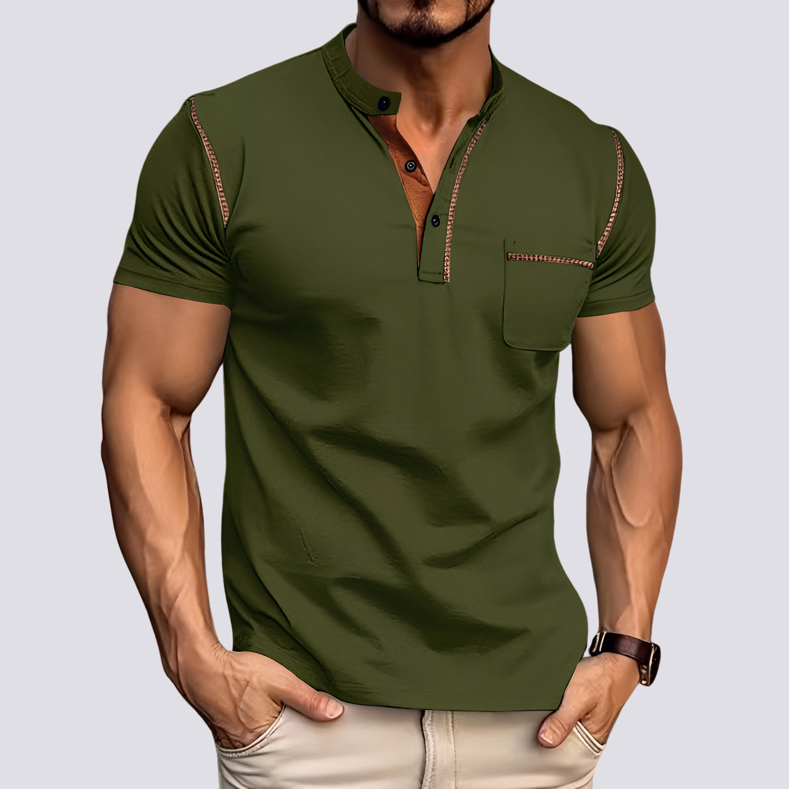 T-shirt Henley manches courtes pour homme avec bordure contrastée et poche poitrine