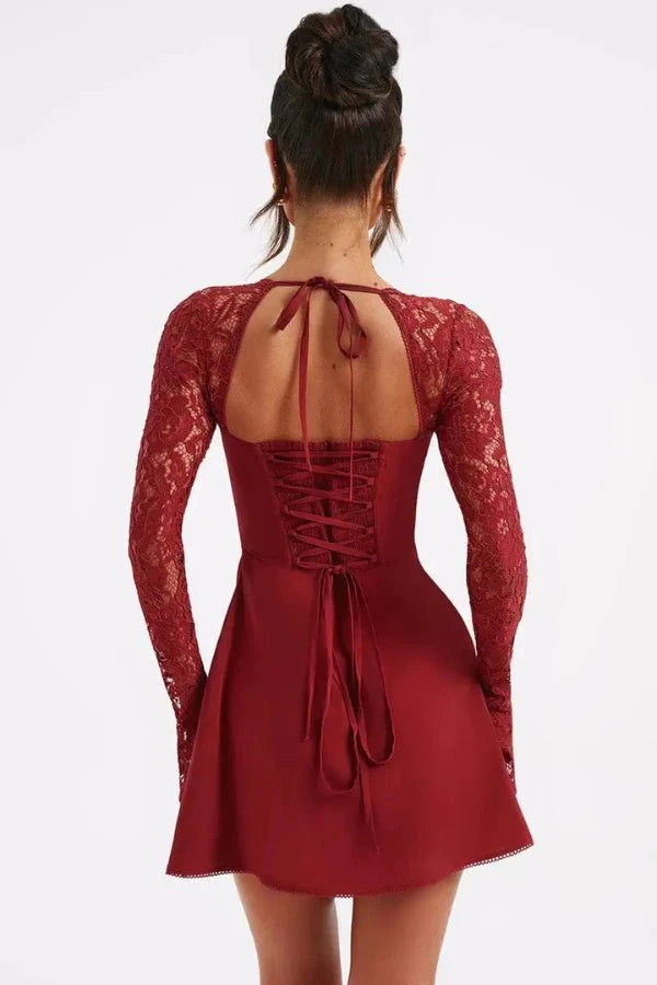 Damen Spitzen-Minikleid mit geformtem Bustier, ausgestellten Ärmeln und figurbetonter Passform