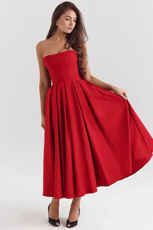 Women's Strapless Midi Dress with Corset Bodice and Pleated Skirt Design