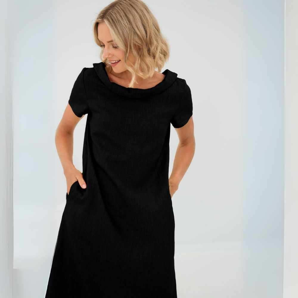 Leinen-Midikleid für Damen mit umgeschlagenem Kragen für den täglichen Sommergebrauch