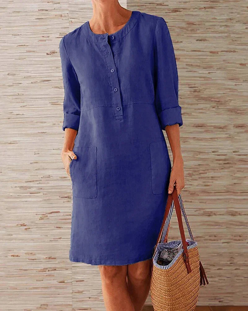 Women's Button Detail Knee-Length Dress with Roll-Up Sleeves and Pockets