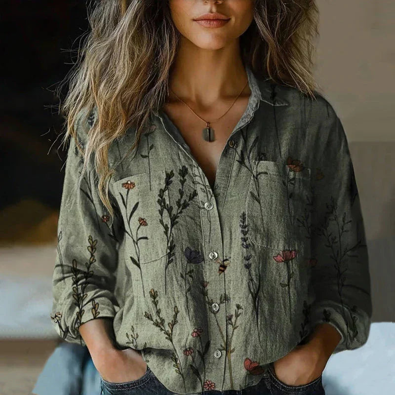 Women's Vintage Print Button-Up Blouse