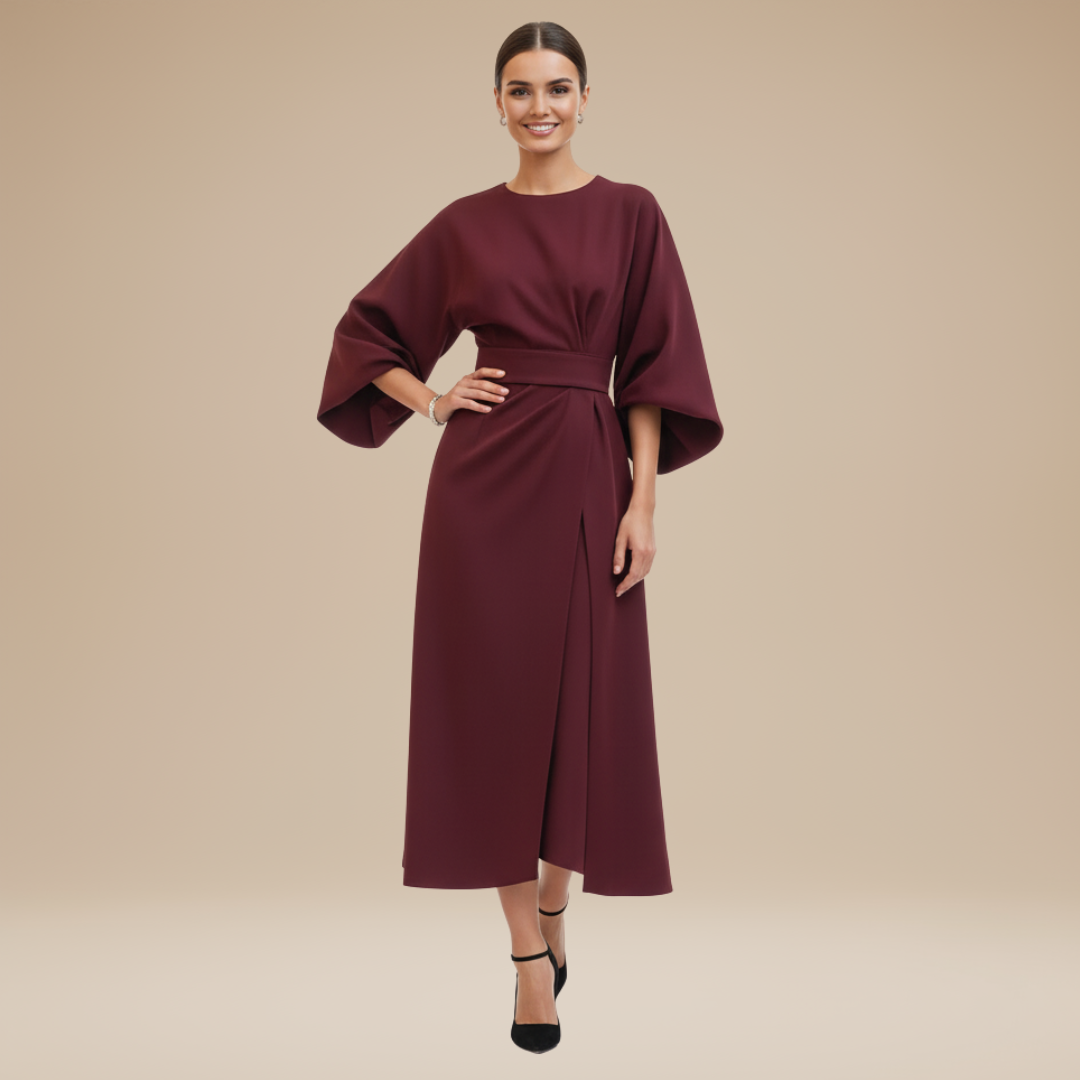 Elegantes Damen-Midikleid mit Bootsausschnitt, weiten Ärmeln, tailliertem Bund und ausgestelltem A-Linien-Rock