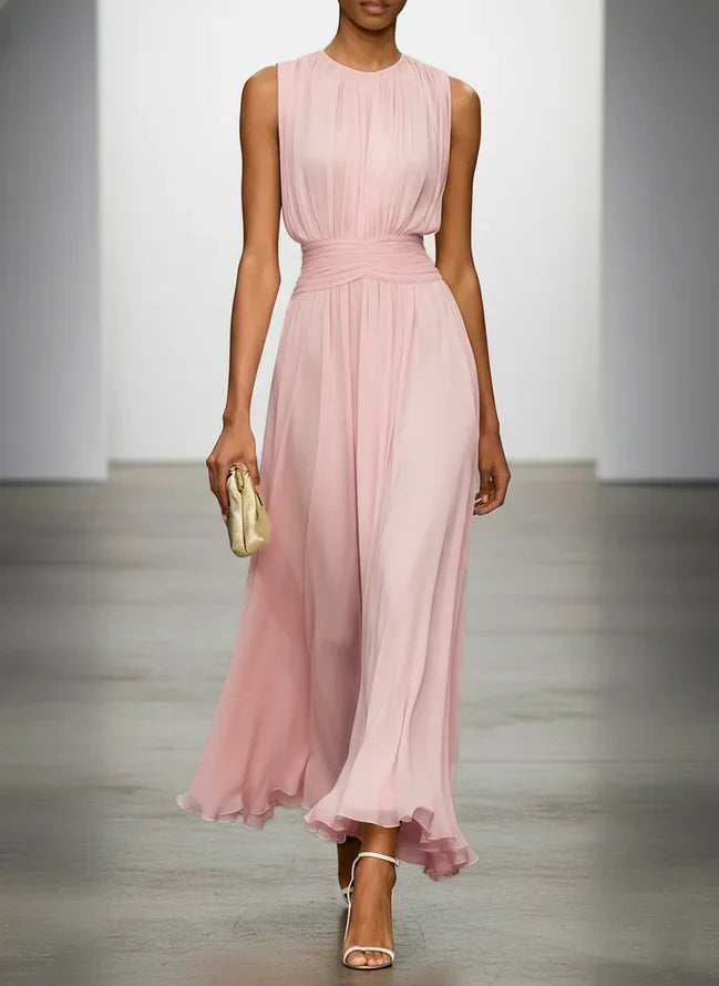 Ärmelloses Chiffon-Maxikleid für Damen mit geraffter Taille und fließendem Saum