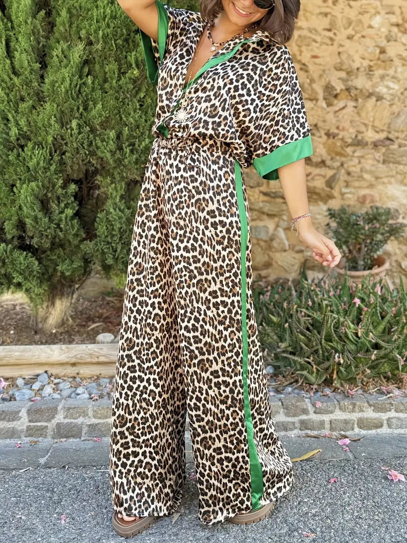 Women's Leopard Print Wide Leg Co-Ord Set with Contrast Trim Details