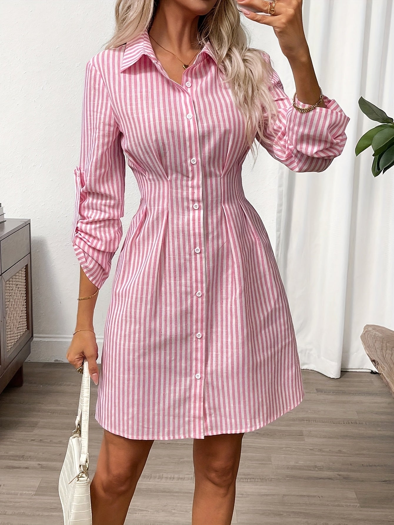 Women's Striped Shirt Dress with Button Front and Roll-Up Sleeves