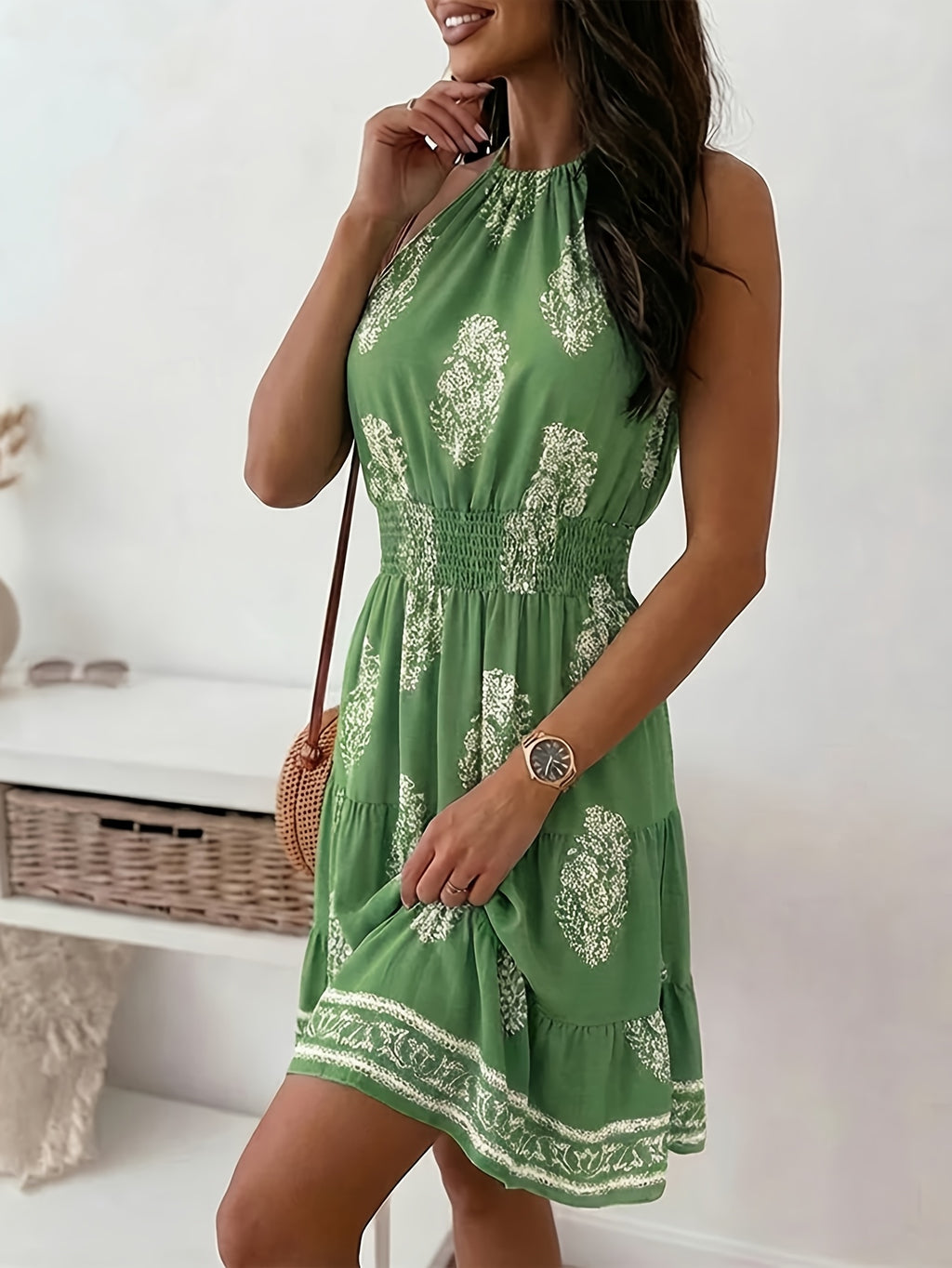 Women's Bohemian Paisley Print Halter Tiered Sundress