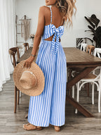 Women's Striped Wide-Leg Jumpsuit with Bow Back and V-Neck