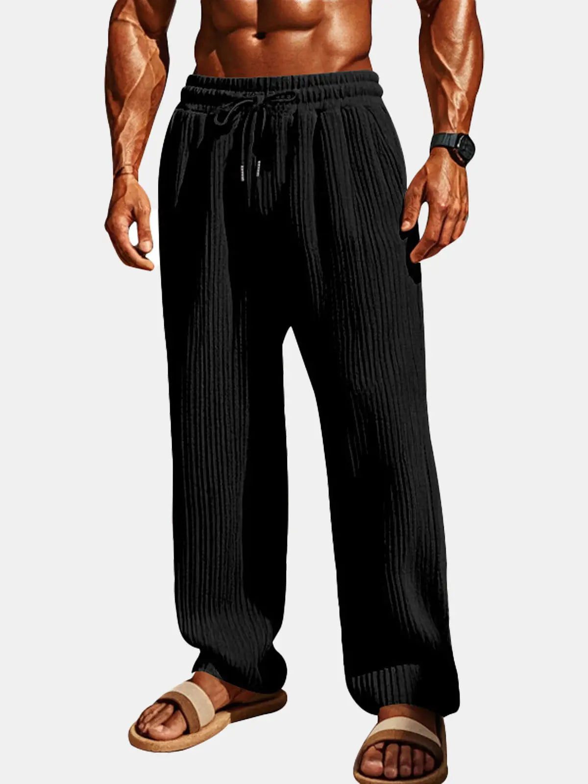 Men's Ribbed Texture Lounge Trousers with Elastic Waist and Relaxed Fit