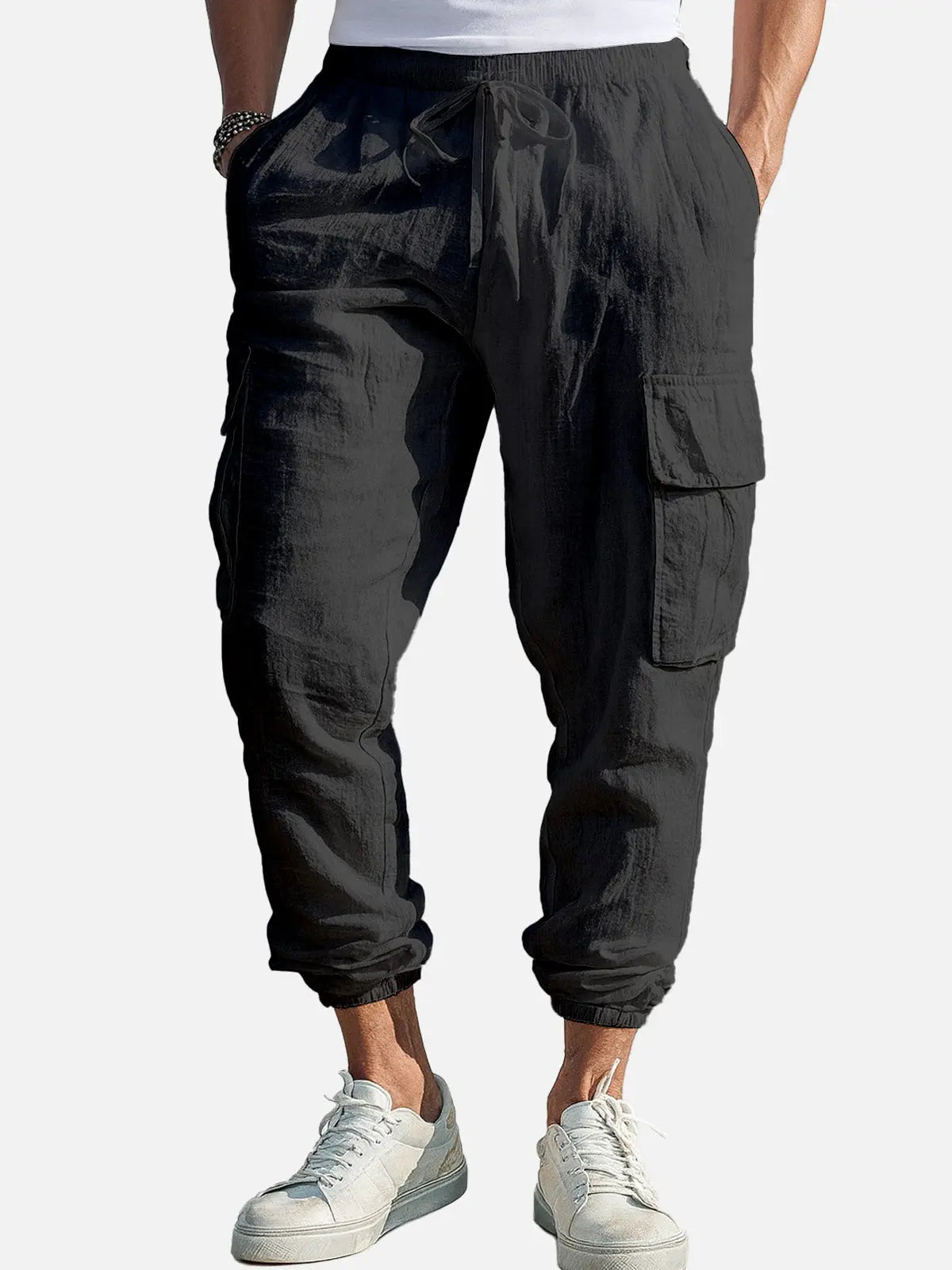 Men Lightweight Linen Blend Cargo Joggers with Relaxed Fit and Drawstring Waist
