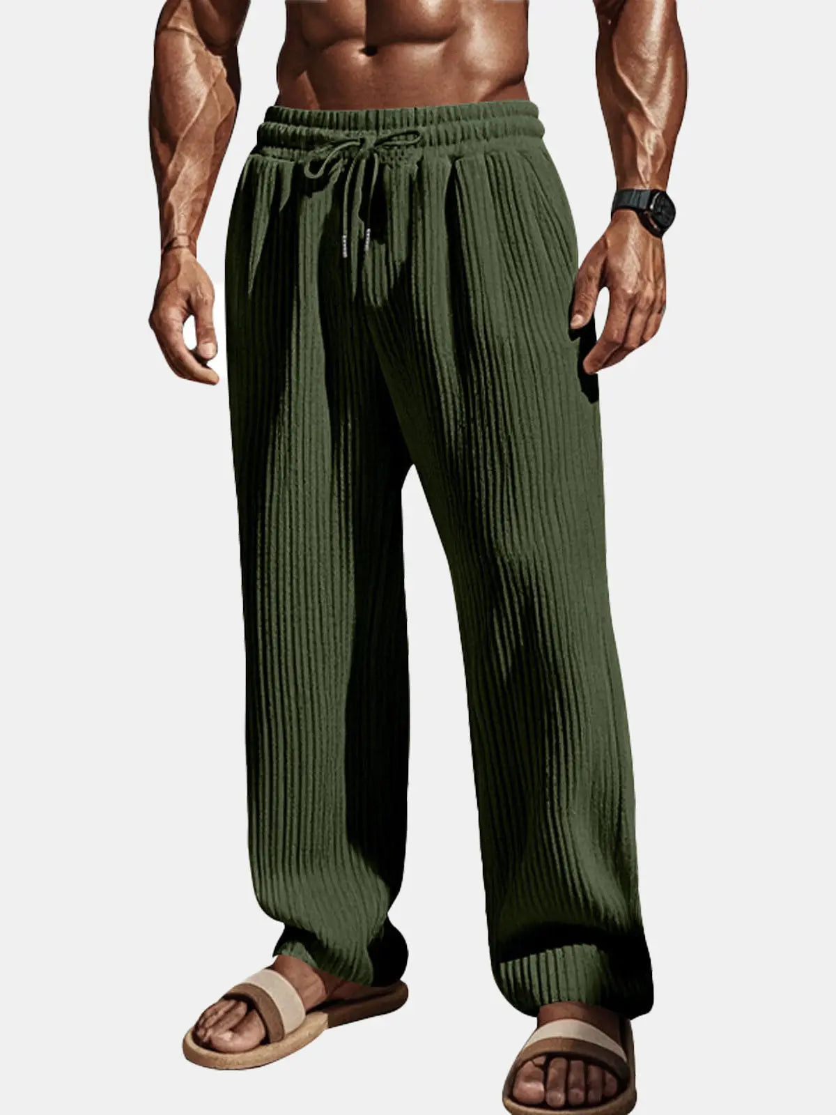 Men's Ribbed Texture Lounge Trousers with Elastic Waist and Relaxed Fit