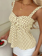 Women's Polka Dot Camisole Top with Drawstring Front and Pleated Detail