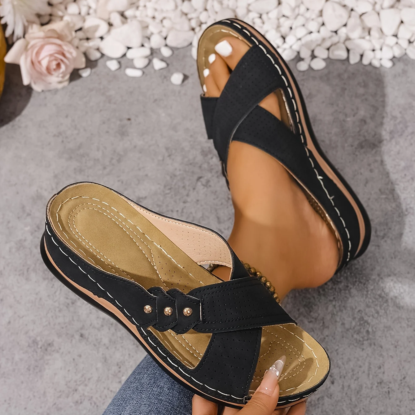 Women's Comfort Slip On Sandals with Cross Strap Design