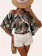 Women’s Off-Shoulder Printed Blouse with Relaxed Flowing Sleeves