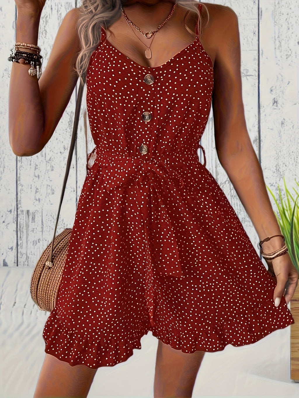 Women's Polka Dot Romper with Button Front and Adjustable Waist Tie