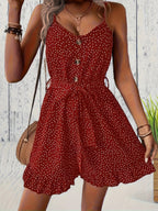 Women's Polka Dot Romper with Button Front and Adjustable Waist Tie