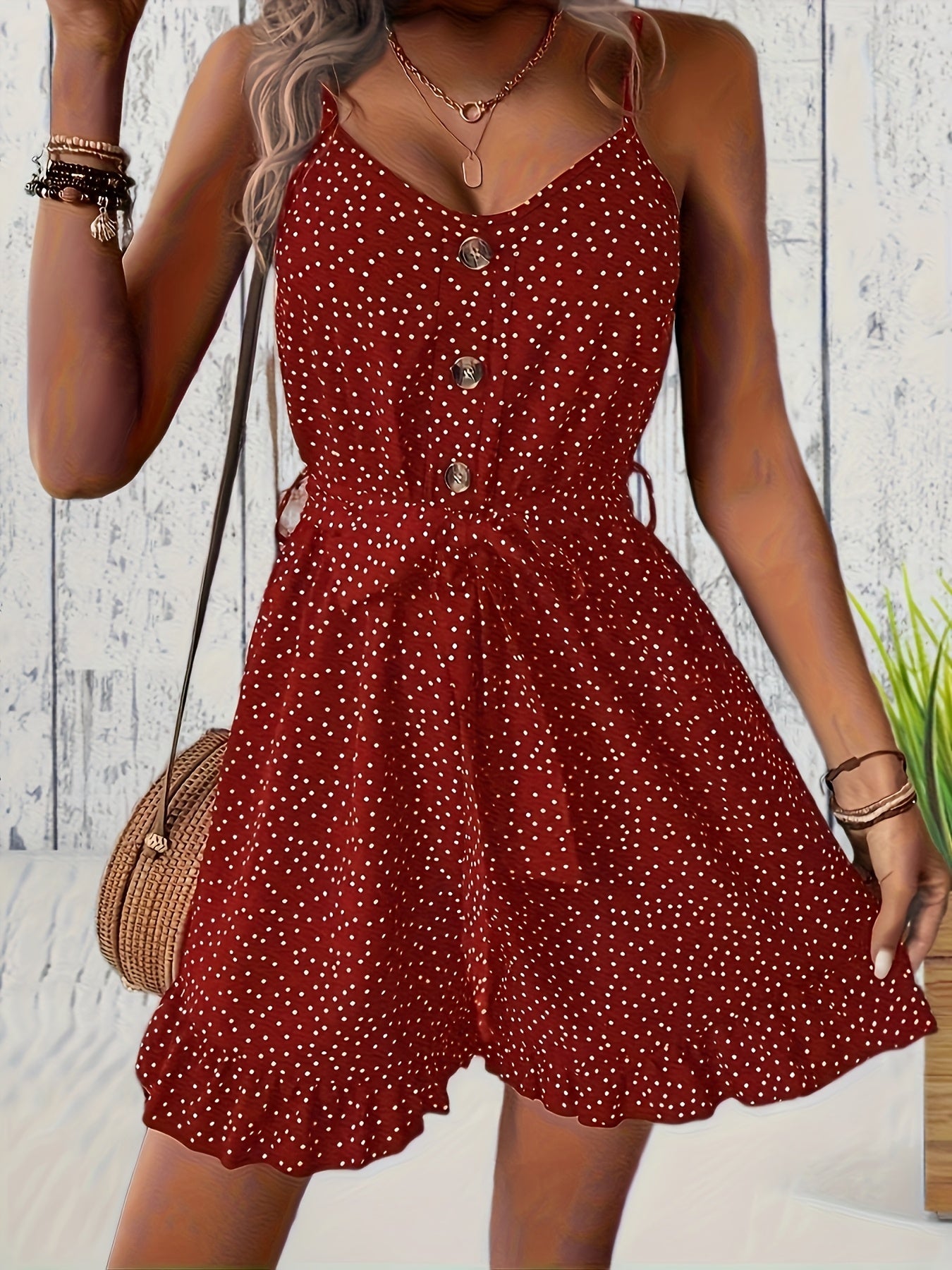 Women's Polka Dot Romper with Button Front and Adjustable Waist Tie