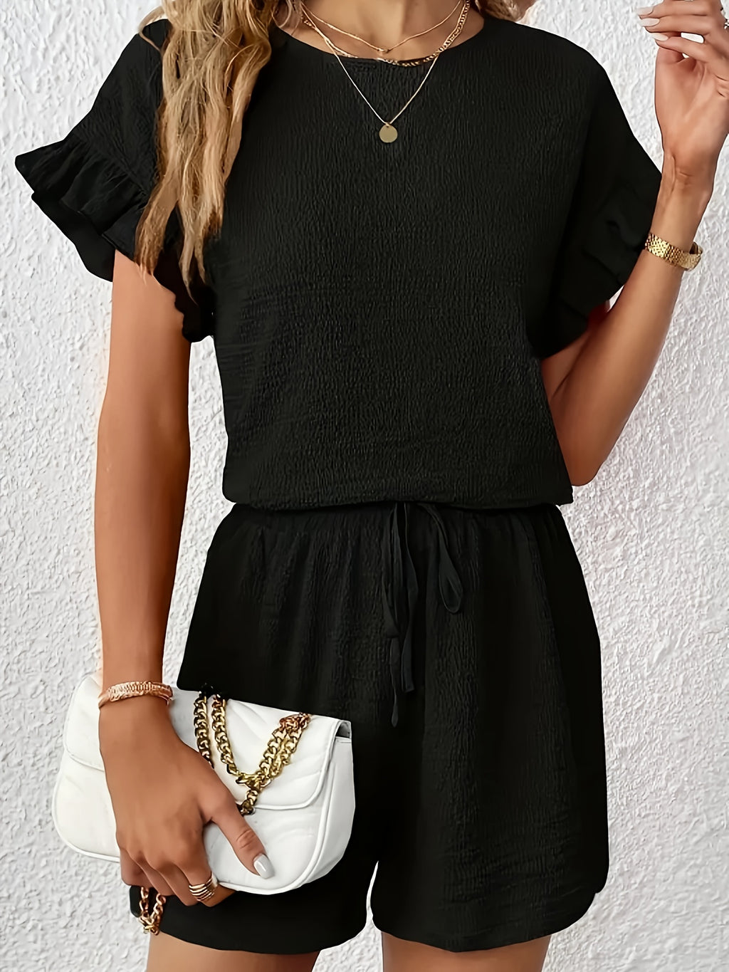 Women's Textured Ruffle Sleeve Top and Drawstring Shorts Set