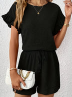 Women's Textured Ruffle Sleeve Top and Drawstring Shorts Set